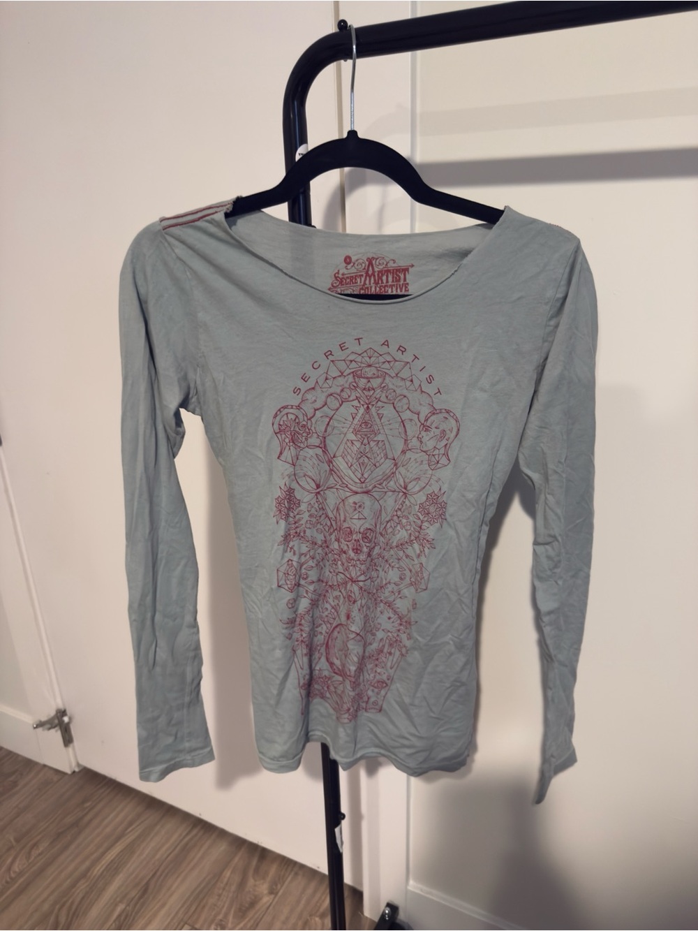 Secret Artist Affliction Long-Sleeve Graphic Tee in Light Blue with Rose Print